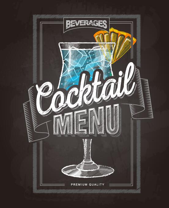 Cocktail menu cover with chalkboard and chalk drawing vector 23
