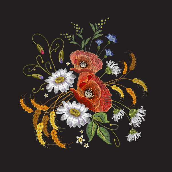 Creative embroidery flowers vector material 02