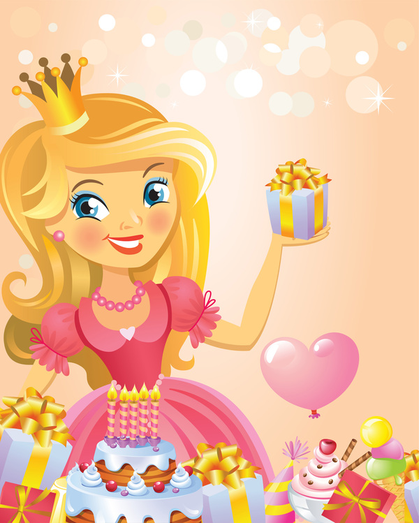 Cute princess with happy birthday backgroud vector 01
