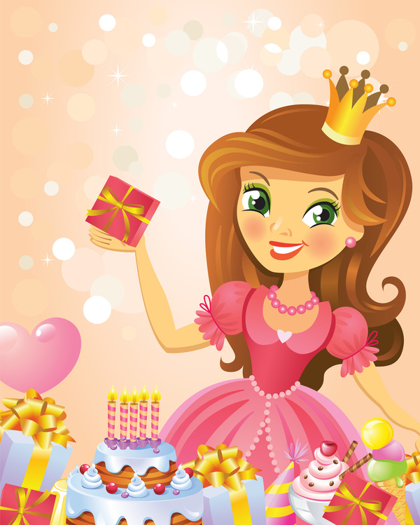 Cute princess with happy birthday backgroud vector 03