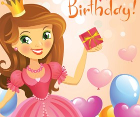Cute princess with happy birthday backgroud vector 04