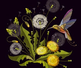 Embroidery dandelion and bird vector