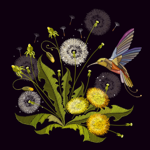 Embroidery dandelion and bird vector