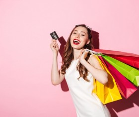 Expression cheerful shopping woman Stock Photo