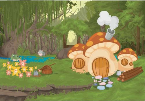 Fairy tale world and mushroom house vector 01