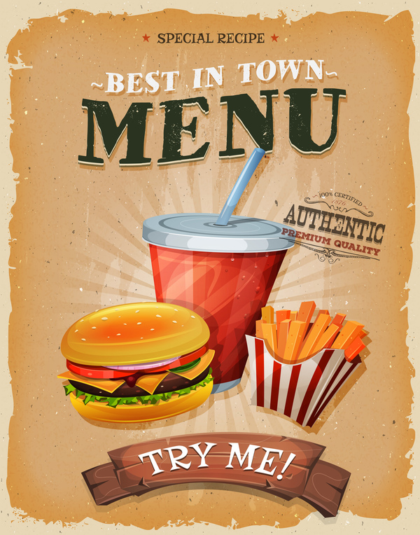 Fast food menu poster and barbecue retro vector 01