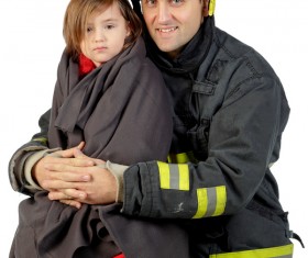 Firefighters and little girls Stock Photo