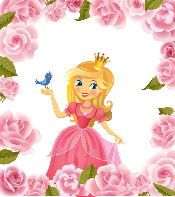 Flower frame and princess with bird vector