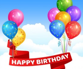 Happy birthday red ribbon with colored balloon vector