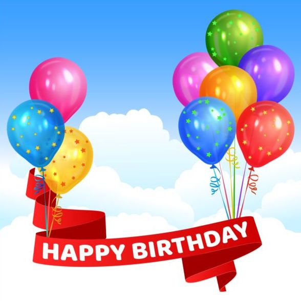 Happy birthday red ribbon with colored balloon vector