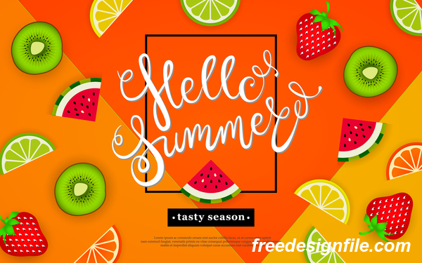 Hello summer tasty season with tropical fruits vector 02