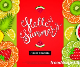 Hello summer tasty season with tropical fruits vector 03