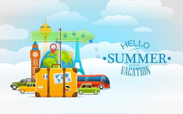 Hello summer vacation travel background vectors