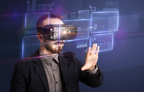 Men with VR glasses touch the virtual screen Stock Photo 01