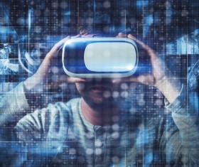 Men with VR glasses touch the virtual screen Stock Photo 03