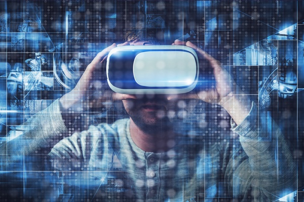 Men with VR glasses touch the virtual screen Stock Photo 03