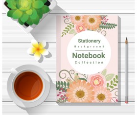 Notebook with wooden table background vector 01