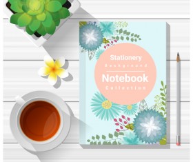 Notebook with wooden table background vector 02