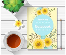 Notebook with wooden table background vector 03