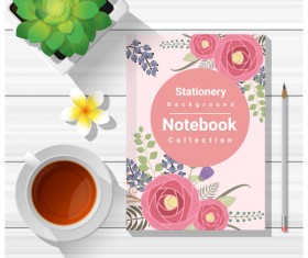 Notebook with wooden table background vector 04