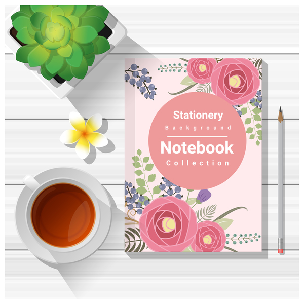 Notebook with wooden table background vector 04