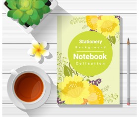 Notebook with wooden table background vector 05