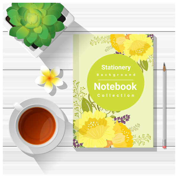 Notebook with wooden table background vector 05