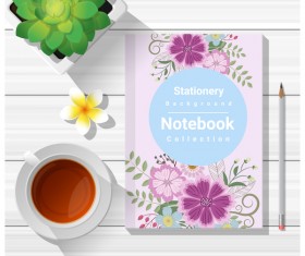 Notebook with wooden table background vector 06