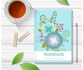Notebook with wooden table background vector 07