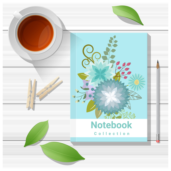 Notebook with wooden table background vector 07