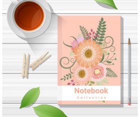 Notebook with wooden table background vector 08