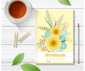 Notebook with wooden table background vector 09
