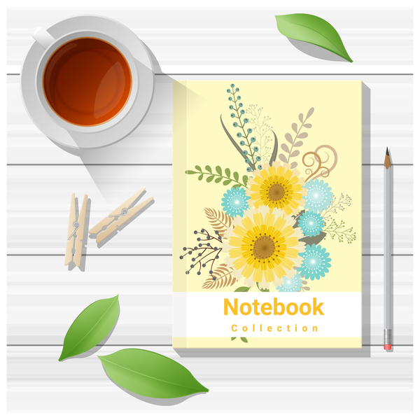 Notebook with wooden table background vector 09