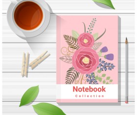 Notebook with wooden table background vector 10