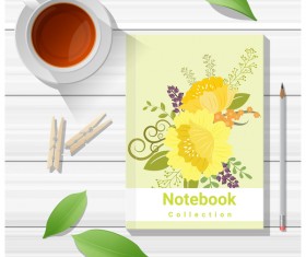 Notebook with wooden table background vector 11