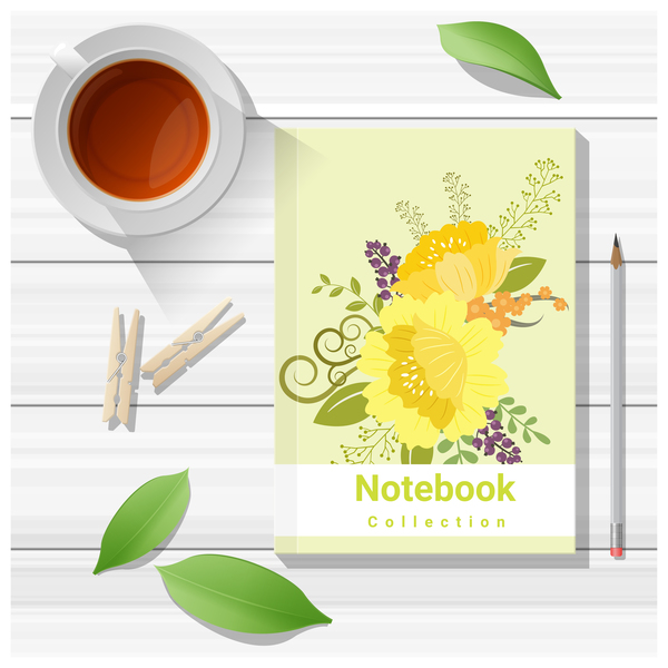 Notebook with wooden table background vector 11