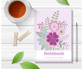 Notebook with wooden table background vector 12