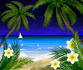 Palm tree with beach and white flower vector 01