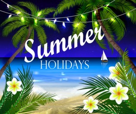 Palm tree with beach and white flower vector 02