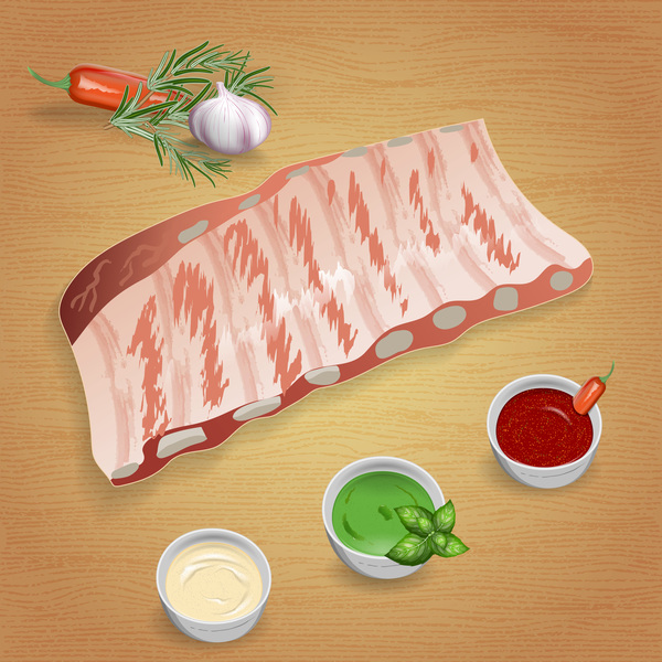 Pork rid chops with sauces and spices vector