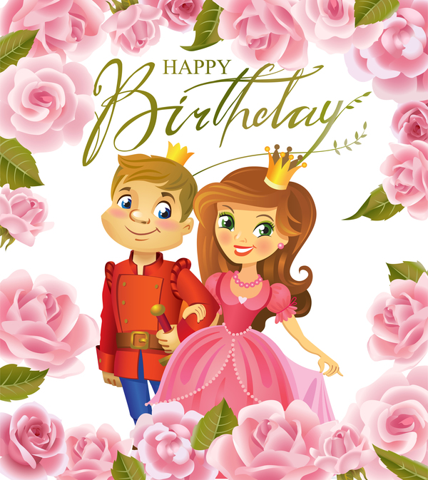 Download Prince and princess with happy birthday backgroud vector ...