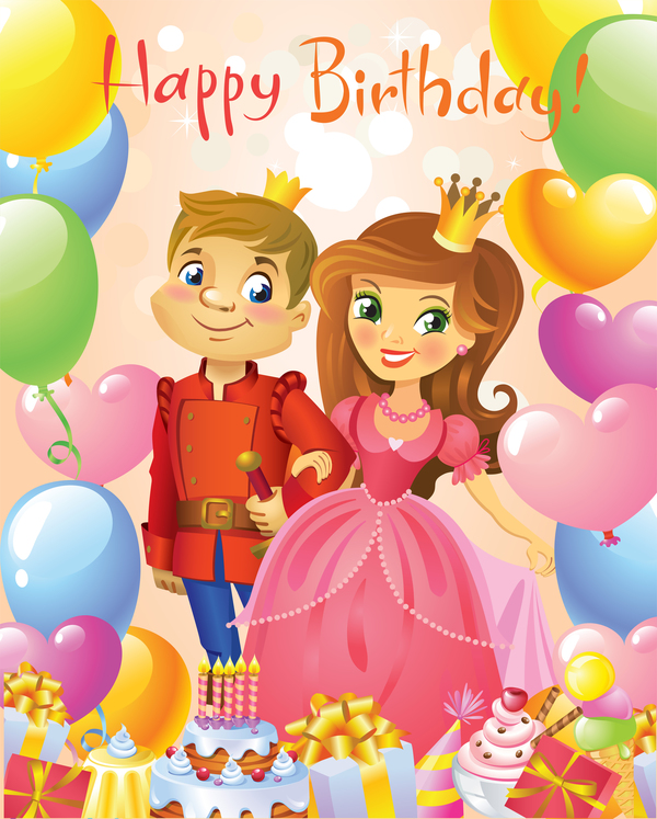 Prince and princess with happy birthday backgroud vector 02