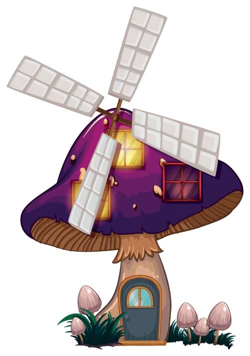 Purple mushroom house windmill vector