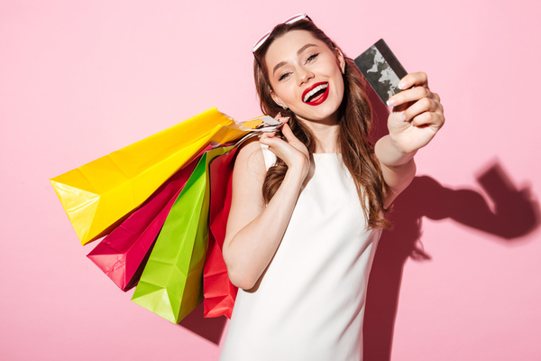 Shop a woman with a bank card Stock Photo