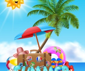 Suitcase with summer travel background vector 03