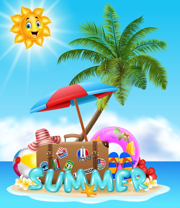 Suitcase with summer travel background vector 03