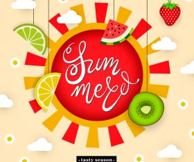 Summer tropical fruits sun clouds flowers vector 01