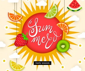 Summer tropical fruits sun clouds flowers vector 02