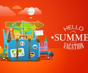 Summer vacation travel elements with red background vector
