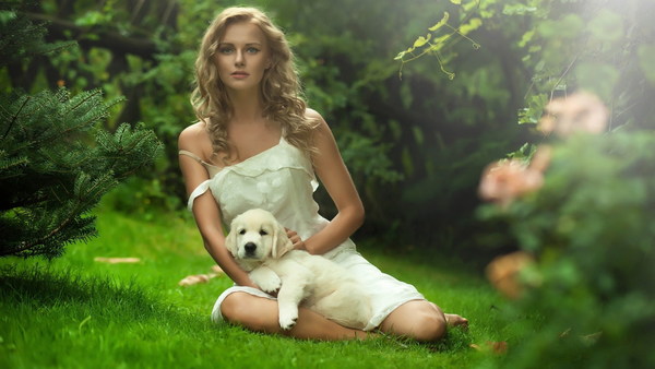 The woman sitting on the grass is holding the dog Stock Photo